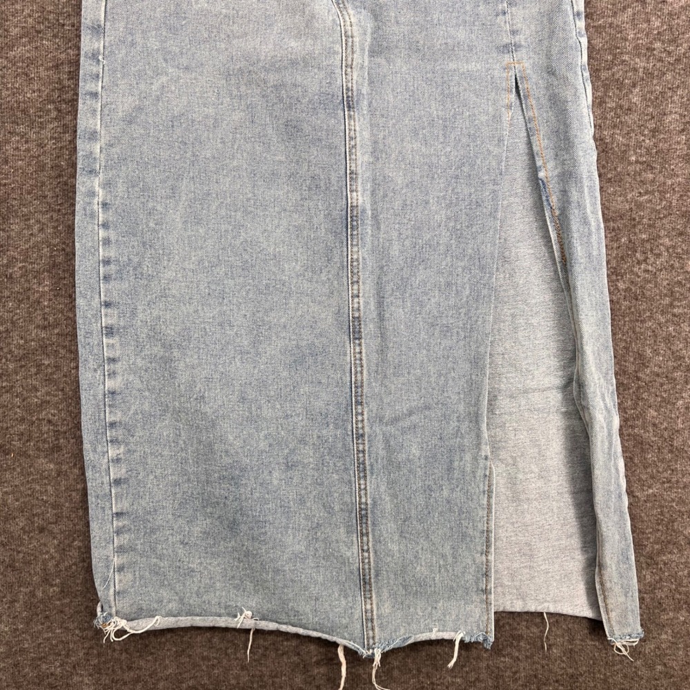 Shein Light Wash Denim Maxi Skirt High Waisted Side Slit Raw Hem Blue Size L - Picture 4 of 12